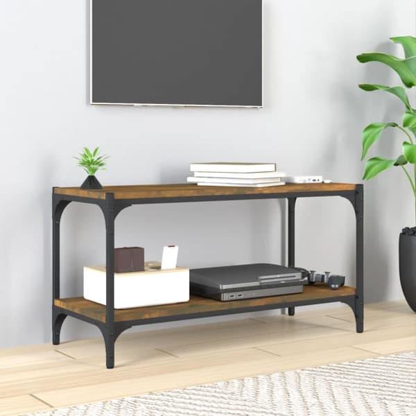 Tv-bänk rökfärgad ek 80x33x41 cm konstruerat trä och stål