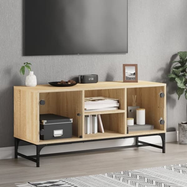Tv-bänk med glasdörrar sonoma-ek 102x37x50 cm