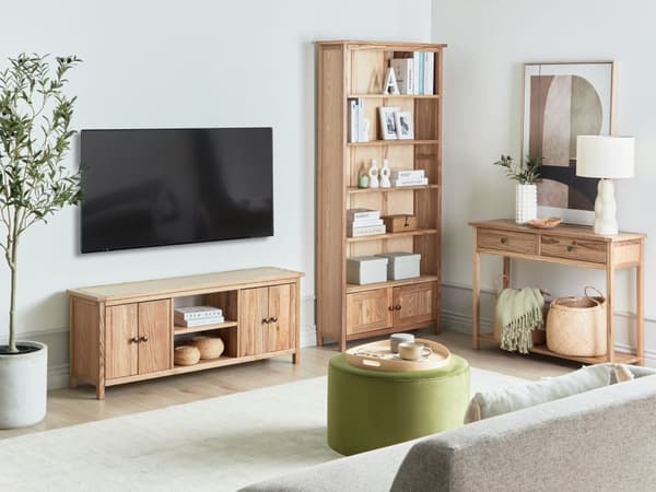 TV-bänk Naturligt Ljust Trä för upp till TV i 58 tum Mediaenhet med 2 Skåp Hyllor Rustikt Vardagsrum Sovrum