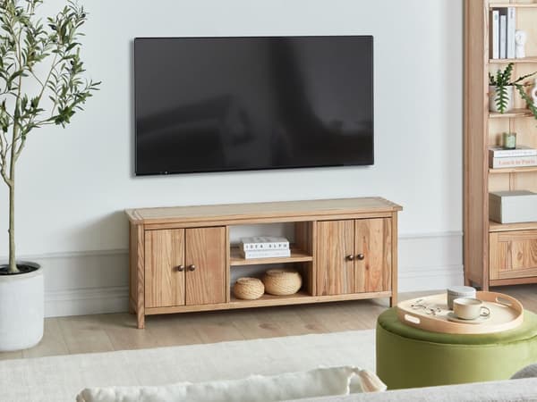 TV-bänk Naturligt Ljust Trä för upp till TV i 58 tum Mediaenhet med 2 Skåp Hyllor Rustikt Vardagsrum Sovrum