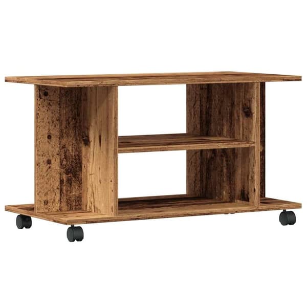 Tv-bänk med hjul åldrat trä 80x40x45 cm konstruerat trä