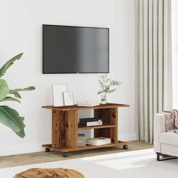 vidaXL Tv-bänk med hjul åldrat trä 80x40x45 cm konstruerat trä
