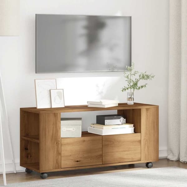 vidaXL TV-benk med hjul artisan eik 102x34,5x43 cm konstruert tre