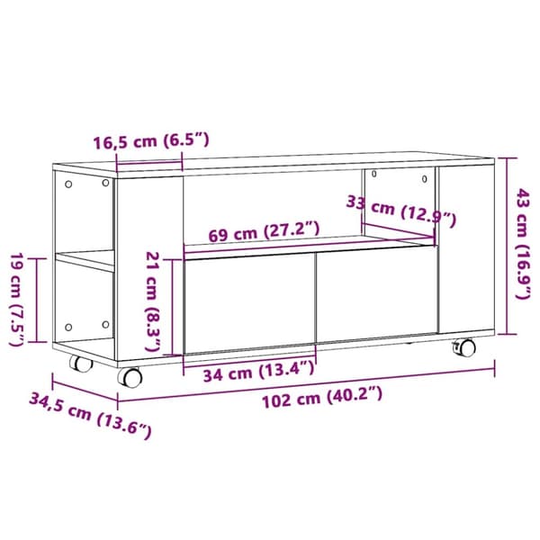 vidaXL TV-benk med hjul artisan eik 102x34,5x43 cm konstruert tre
