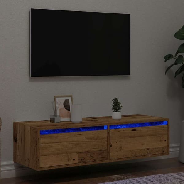 Tv-bänk med LED-belysning åldrat trä 100X35,5x25 cm