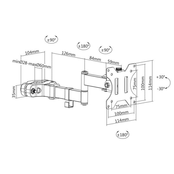 Maclean monitorfäste för montering på 28-60 mm rör/stång, dubbel fällarm, 17-32'', 8 kg max, MC-984