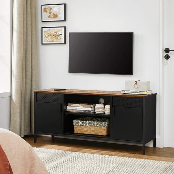 Sort tv-bord med skab og hylder