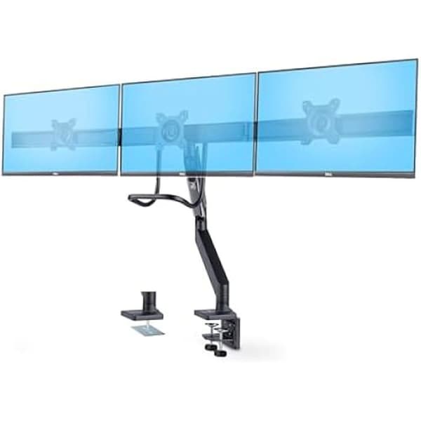 StarTech.com Crossbar Trippelbildskärm skrivbordsfäste för upp till tre 27-tums skärmar, VESA 75x75/100x100, armjusteringar utan verktyg Svart, Silver