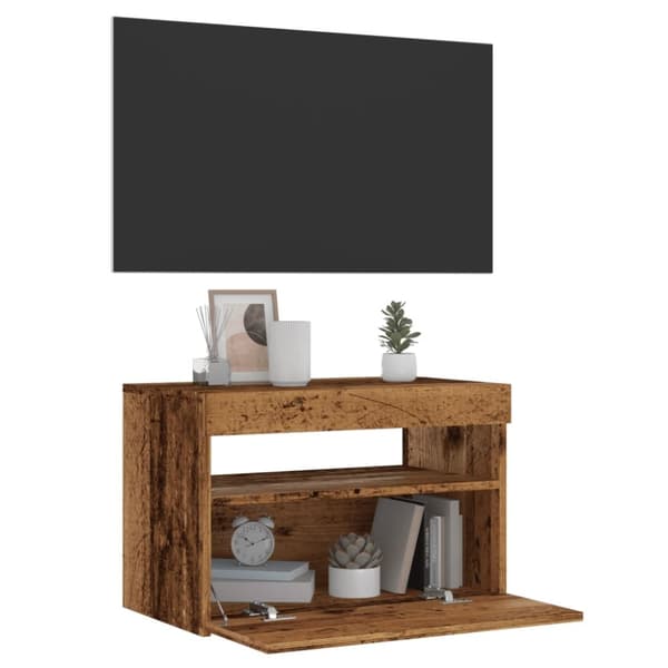 TV-bänk med LED-lampor åldrat trä 60x35x40 cm konstruerat trä