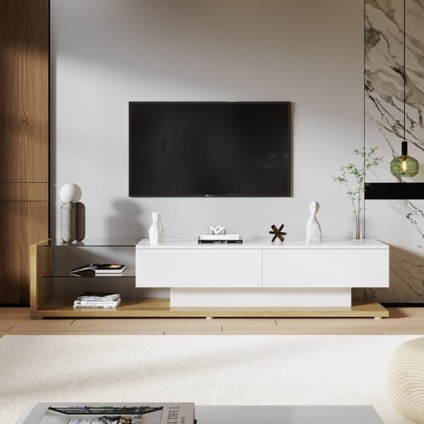 Rootz TV -kaappi - Viihdeteline - Mediakonsoli - Säädettävä LED-valaistus - 170L x 36W x 38H cm - Kiiltävä valkoinen ja puupinta