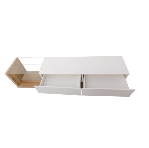 Rootz TV -kaappi - Viihdeteline - Mediakonsoli - Säädettävä LED-valaistus - 170L x 36W x 38H cm - Kiiltävä valkoinen ja puupinta