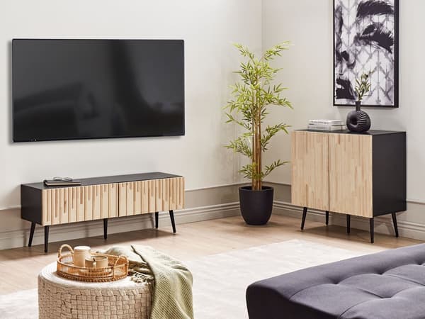 TV-bänk MDF-ram Massivt Trä Dörr Ljust Trä Förvaring Järnben Modern