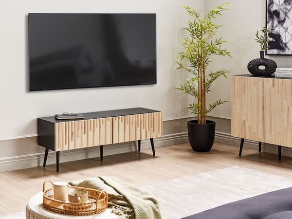 TV-bänk MDF-ram Massivt Trä Dörr Ljust Trä Förvaring Järnben Modern