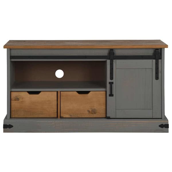 vidaXL tv-bord HALDEN med skydedør 110x40x60 cm massivt træ grå