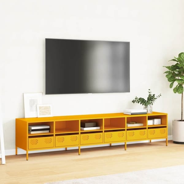 vidaXL TV-benk sennepsgul 202x39x43,5 cm kaldvalset stål