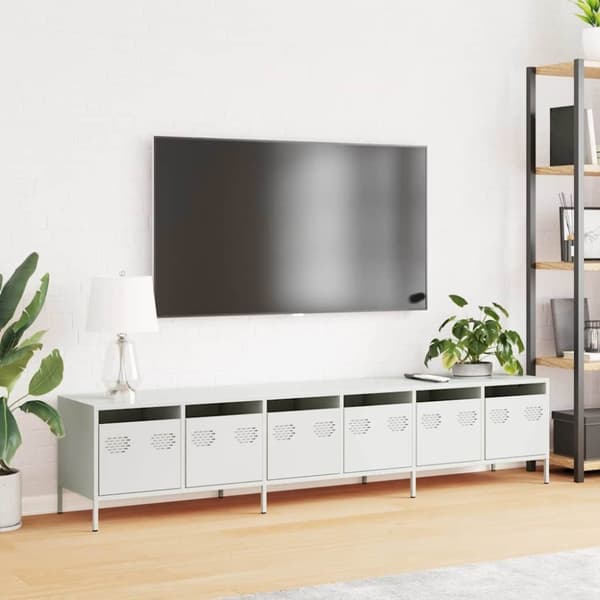 vidaXL TV-benk hvit 202x39x43,5 cm kaldvalset stål
