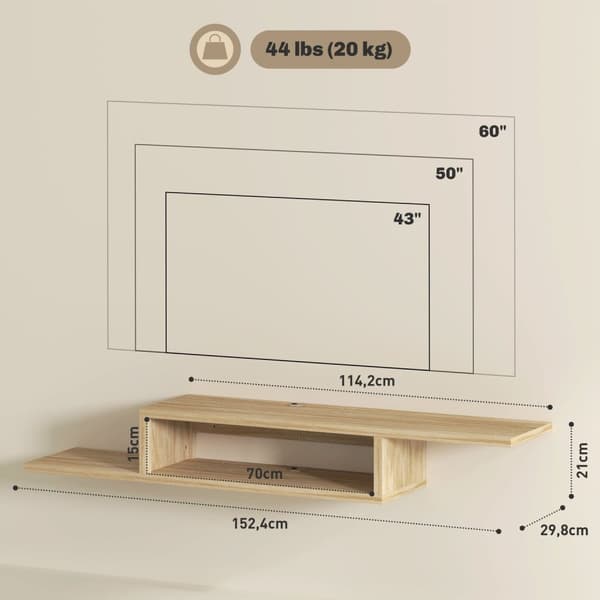 Rootz flytande TV vägghylla - hängande TV -konsol - flytande vägghylla - kabelgrommets - optimera utrymmet - 152,4 cm x 29,8 cm x 21 cm brun
