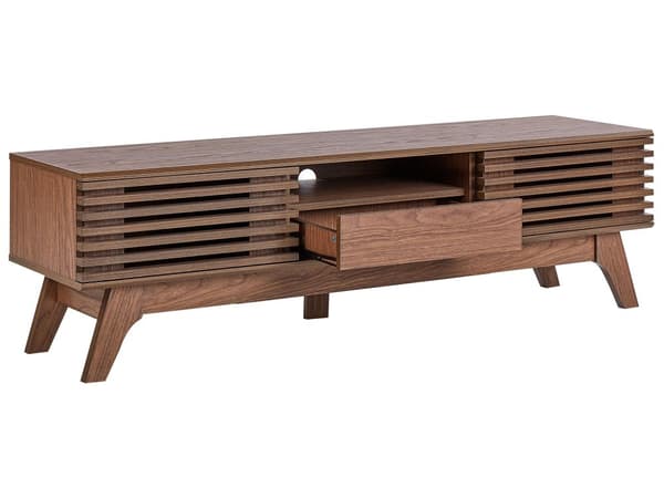 TV Bord Mørkt Træ 44 x 149 cm Skuffe Hylde Opbevaring Kabelgennemføring Fjernsynsbord med Skydedøre Design Rillet Front Stue Tvbænk Indretning