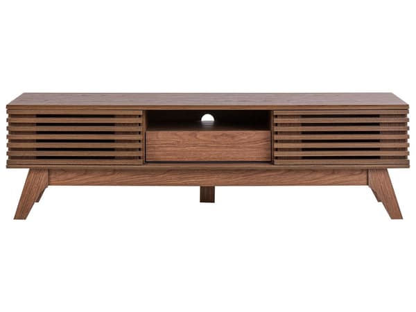 TV Bord Mørkt Træ 44 x 149 cm Skuffe Hylde Opbevaring Kabelgennemføring Fjernsynsbord med Skydedøre Design Rillet Front Stue Tvbænk Indretning