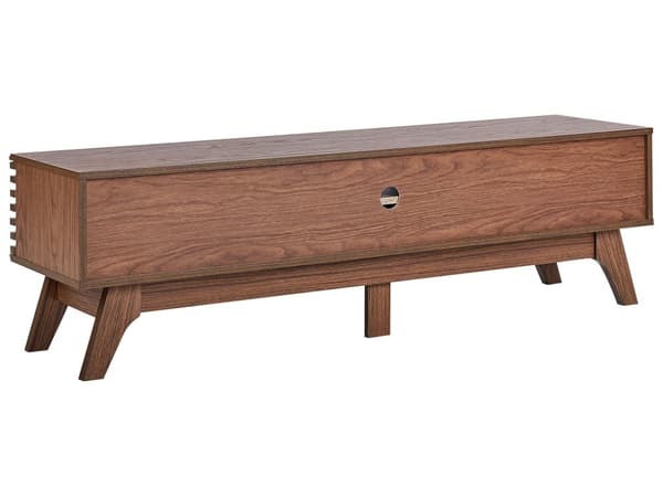 TV Bord Mørkt Træ 44 x 149 cm Skuffe Hylde Opbevaring Kabelgennemføring Fjernsynsbord med Skydedøre Design Rillet Front Stue Tvbænk Indretning
