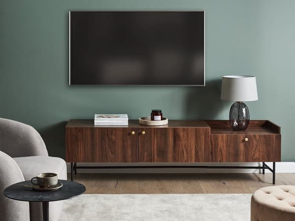 TV-benk Mørkt Tre Sponplate Metallben TV-skap Skjenk med 2 Dører og Skuff Tradisjonell Retro Stil