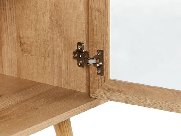 TV-bord i lyst træ Spånplade Fyrretræsben TV-skab Skænk med glasdøre Minimalistisk stil