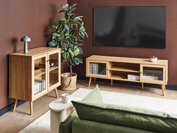 TV-bord i lyst træ Spånplade Fyrretræsben TV-skab Skænk med glasdøre Minimalistisk stil