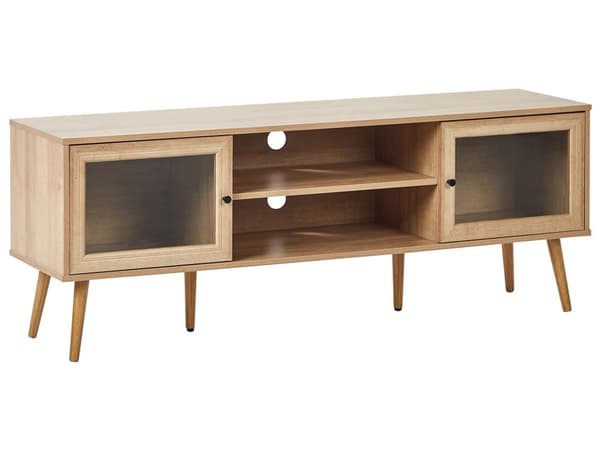 TV-bord i lyst træ Spånplade Fyrretræsben TV-skab Skænk med glasdøre Minimalistisk stil