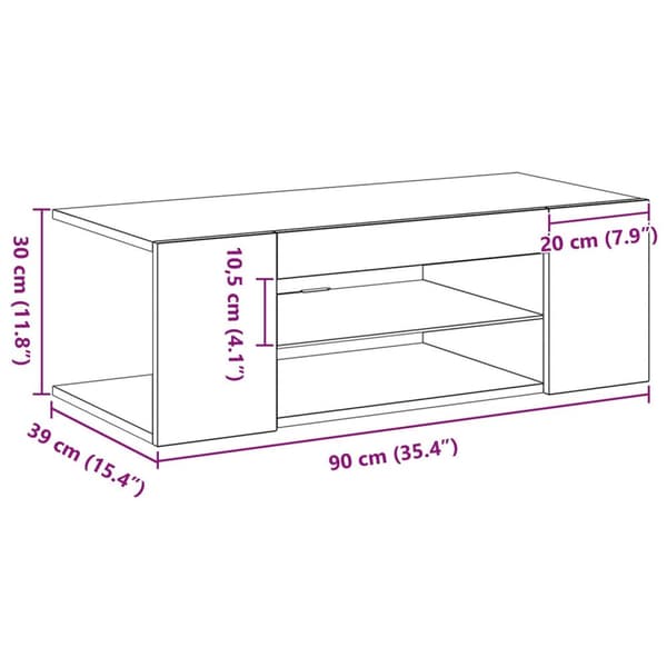 vidaXL TV-benk med LED-lamper, svart eik, 90x39x30 cm, laget av tre