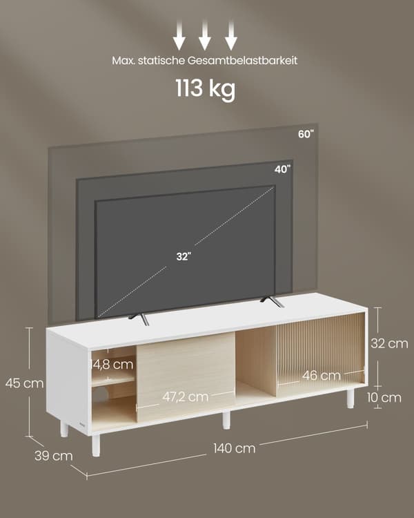 TV-skåp, VASAGLE, 140 x 39 x 45 cm, Askbrun-Bläcksvart.