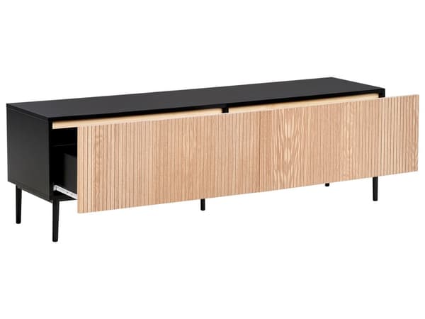 TV-bord sort MDF lyst træ ribbet design 2 skuffer moderne stue