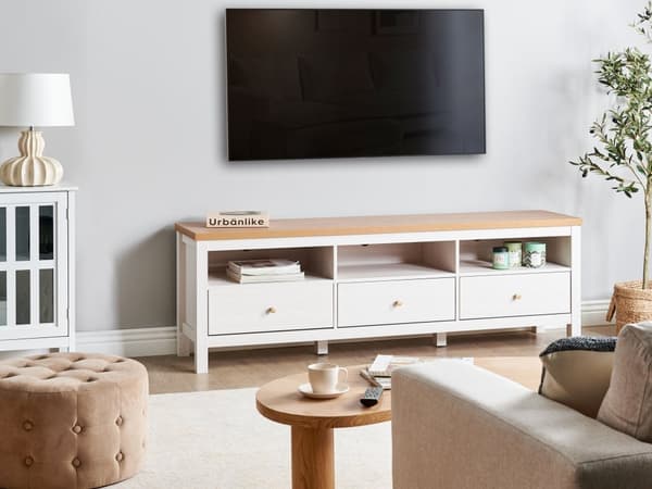 TV-bord hvid fiberplade tre skuffer opbevaring stue møbler
