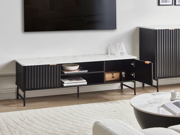 TV-bord Sort MDF 140 x 40 cm Opbevaringshylde Skænk Kabelstyring Moderne