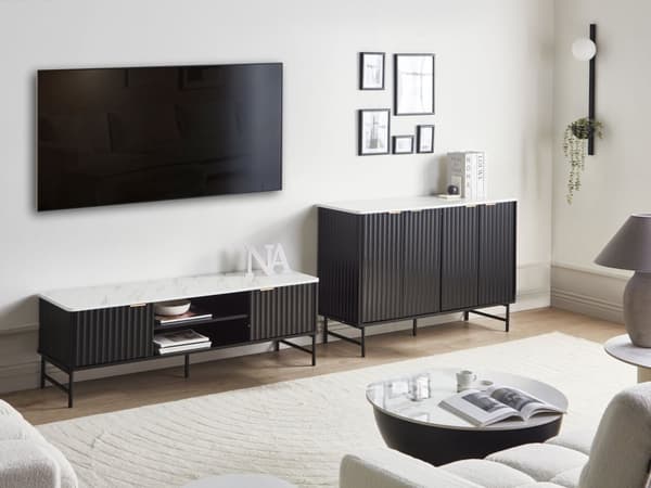 TV-bord Sort MDF 140 x 40 cm Opbevaringshylde Skænk Kabelstyring Moderne