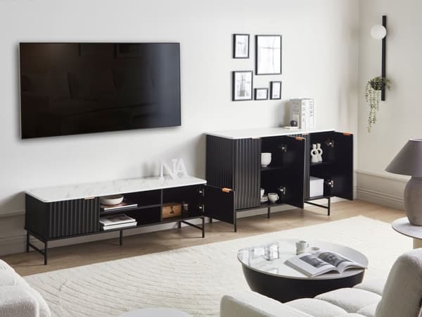 TV-bord Sort MDF 140 x 40 cm Opbevaringshylde Skænk Kabelstyring Moderne