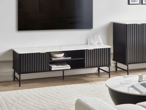 TV-bord Sort MDF 140 x 40 cm Opbevaringshylde Skænk Kabelstyring Moderne