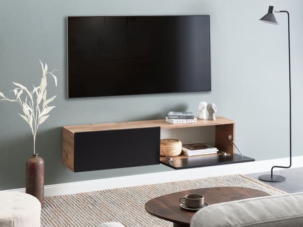 Veggmontert TV-benk Svart Brun 2 skap TV opptil 55ʺ Minimalistisk design Stue Mediabenk Mediamøbler