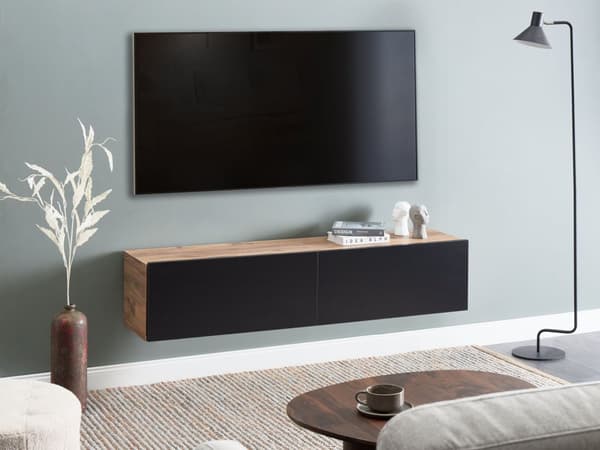 Veggmontert TV-benk Svart Brun 2 skap TV opptil 55ʺ Minimalistisk design Stue Mediabenk Mediamøbler