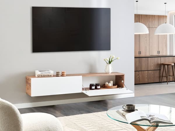 Veggmontert TV-benk Hvit Brun 2 skap TV opptil 70ʺ Minimalistisk design Stue Mediabenk Mediamøbler