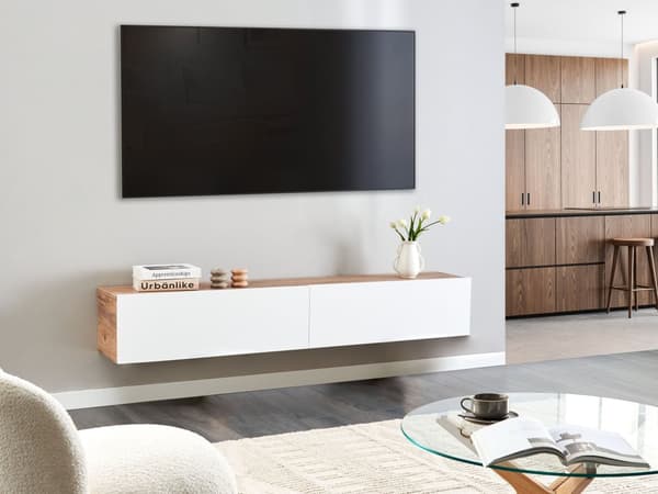 Veggmontert TV-benk Hvit Brun 2 skap TV opptil 70ʺ Minimalistisk design Stue Mediabenk Mediamøbler