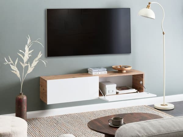 Veggmontert TV-benk Hvit Brun 2 skap TV opptil 55ʺ Minimalistisk design Stue Mediabenk Mediamøbler