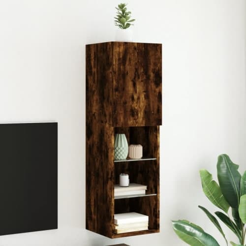 Tv-bänk med LED-belysning rökfärgad ek 30,5x30x102 cm