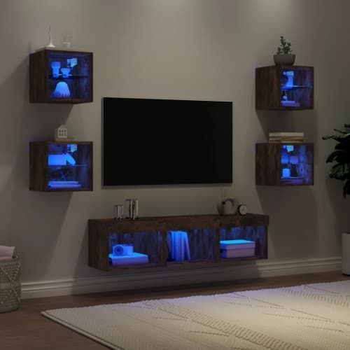 Tv-bänk 7 delar LED rökfärgad ek konstruerat trä