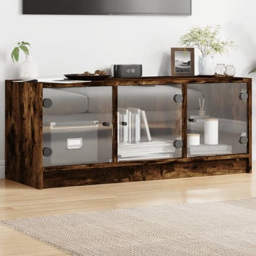 Tv-bänk med glasdörrar rökfärgad ek 102x37x42 cm