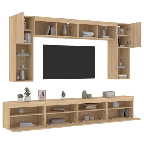 Väggmonterade tv-skåp 8 delar LEDs sonoma-ek