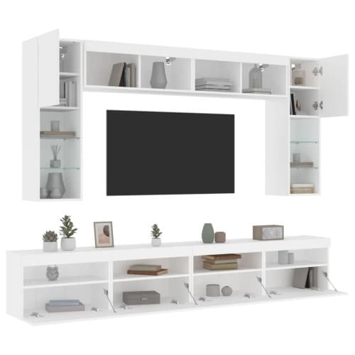 Väggmonterade tv-skåp 8 delar med LEDs vit