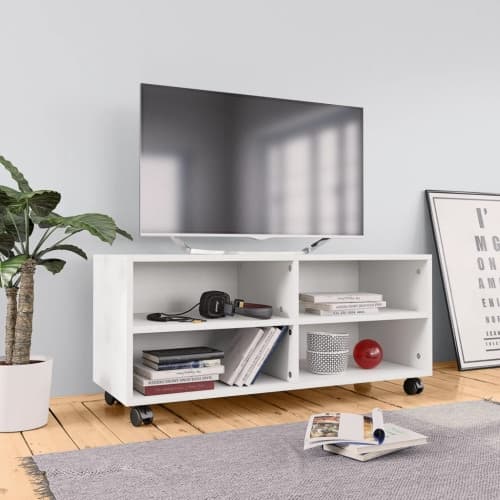 Tv-bänk med hjul vit 90x35x35 cm konstruerat trä