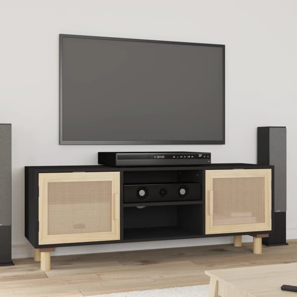Tv-bänk svart 105x30x40 cm massiv furu & naturlig rotting