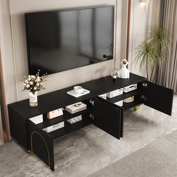Moderne tv-bord 170x38x44 cm - med 4 teksturerede låger - gylden kant - runde gyldne ben - sort