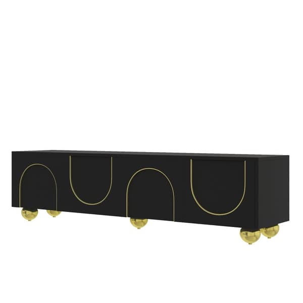 Moderne tv-bord 170x38x44 cm - med 4 teksturerede låger - gylden kant - runde gyldne ben - sort